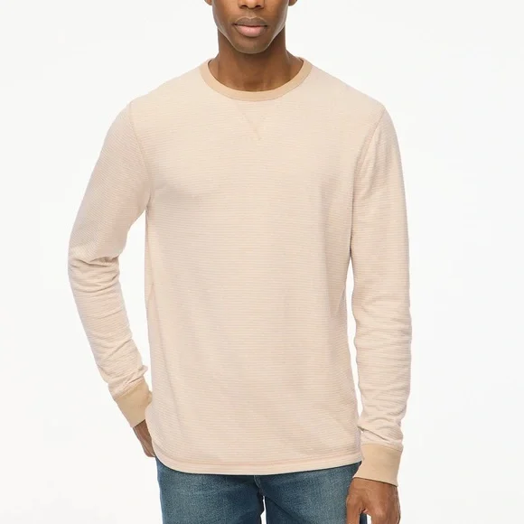J. Crew Soft Striped Crewneck Long Sleeve Pale Oak White Beige Tee Shirt L - Picture 1 of 5